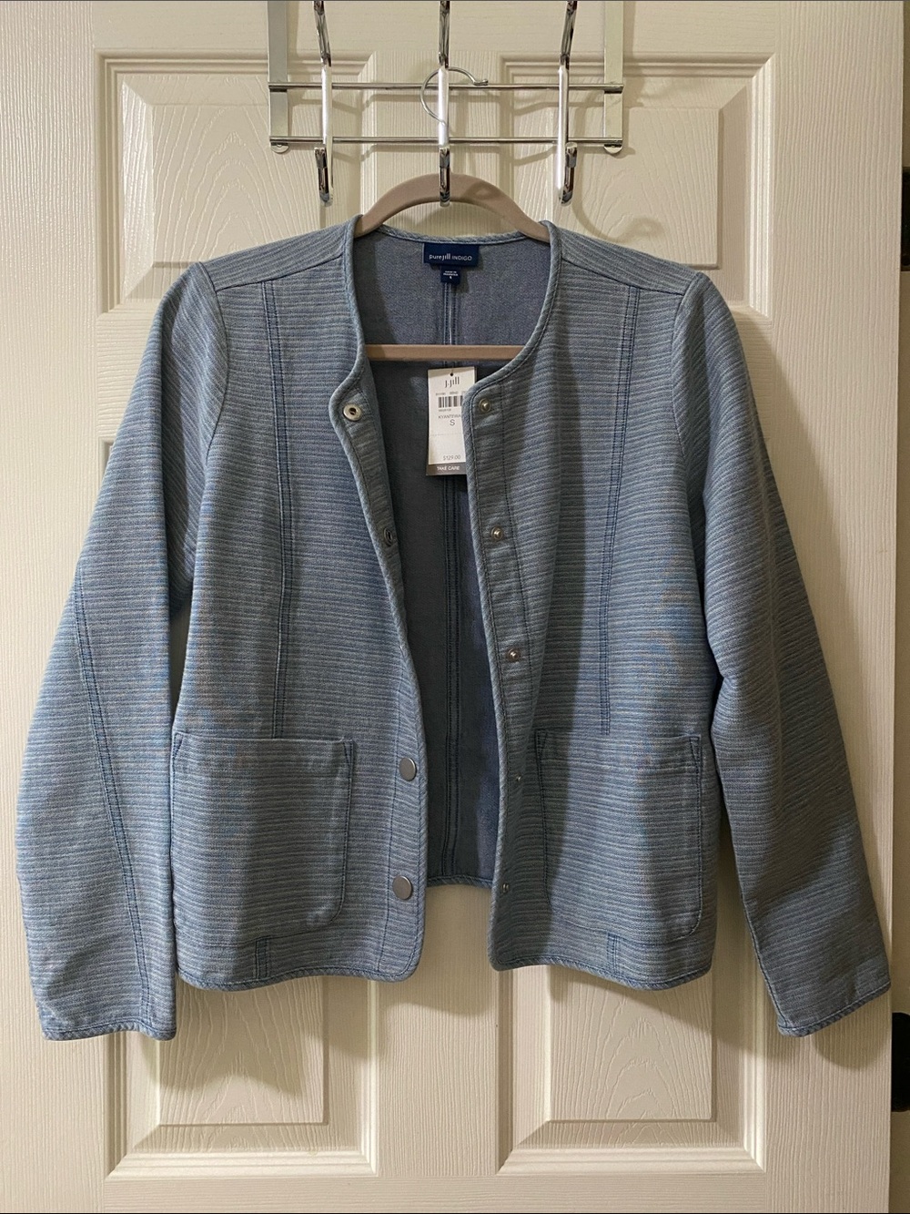 J. Jill Light Blue Collarless Snap Front Jacket